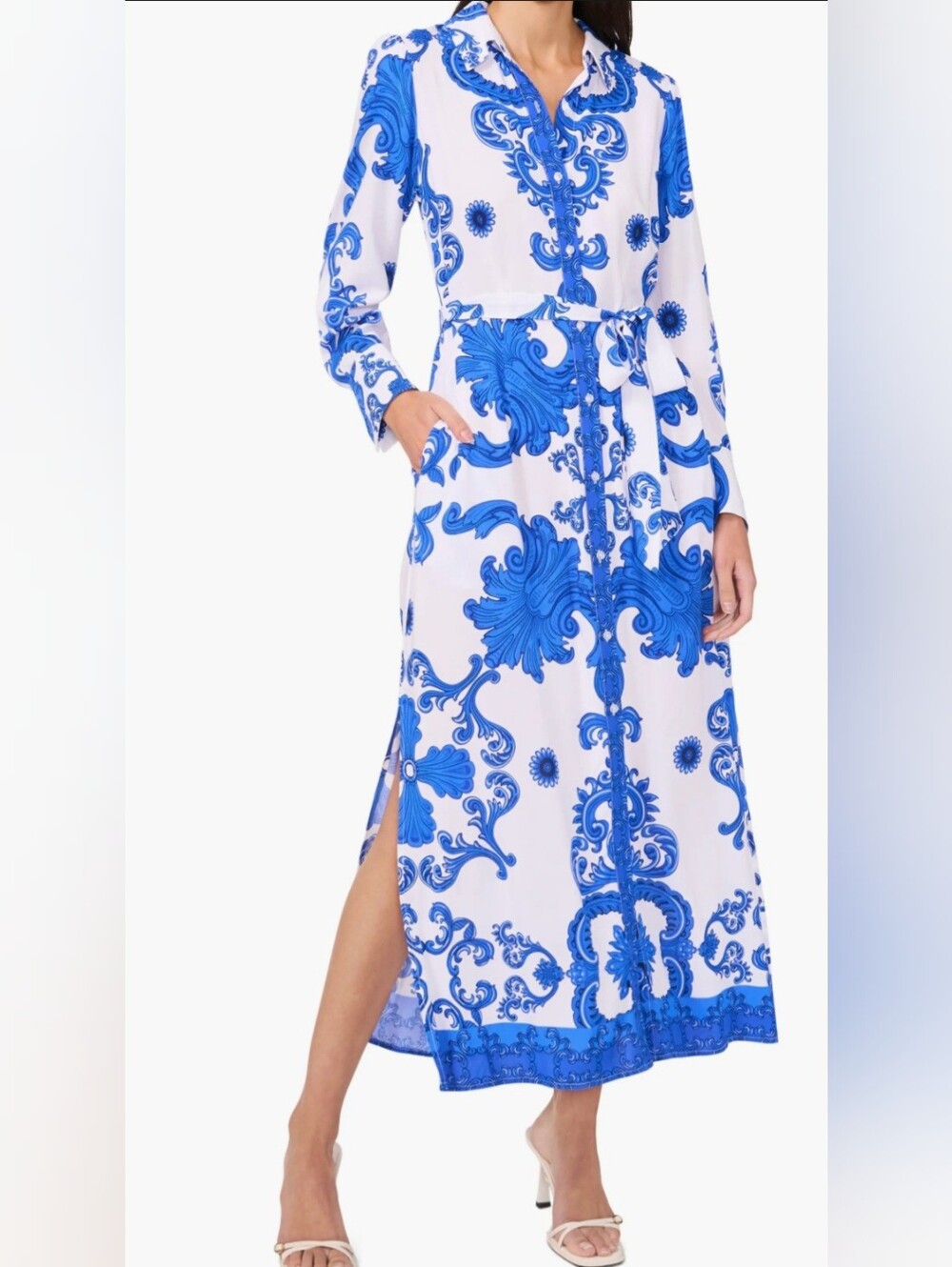 Halogen | Print Long Sleeve Belted Shirtdress | Turkish Blue | Medium